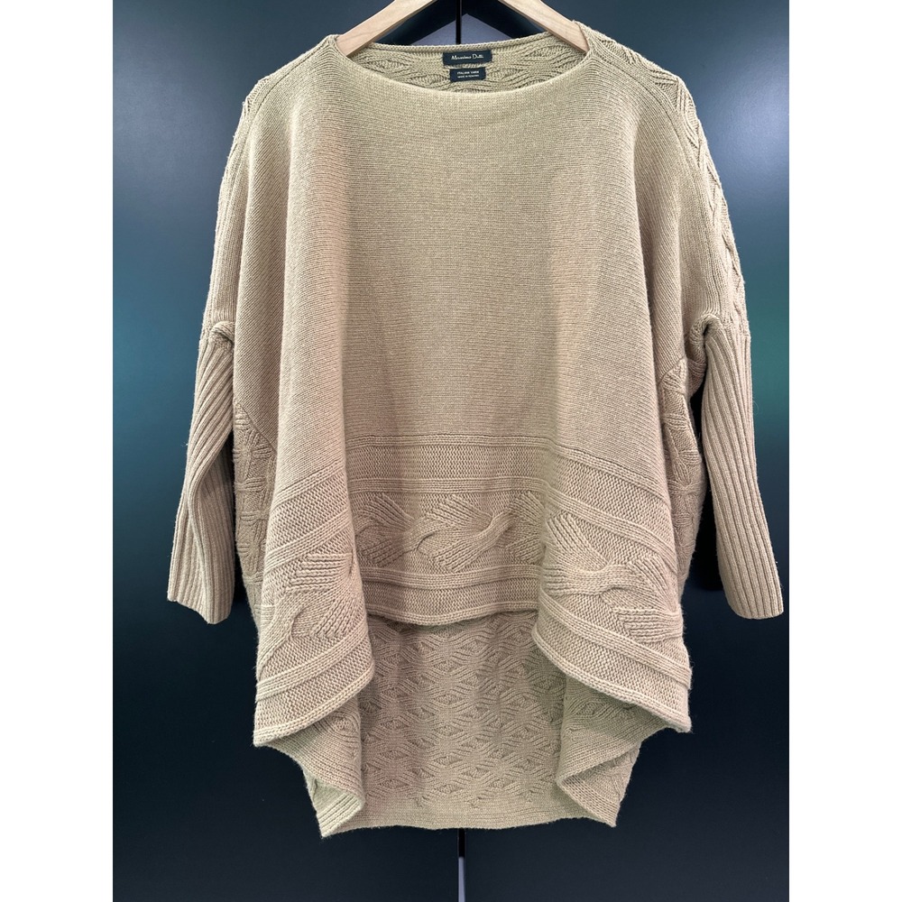 Massimo Dutti Italian Yarn Wool Blend Cable Knit High-Low‎ Sweater Tan XS